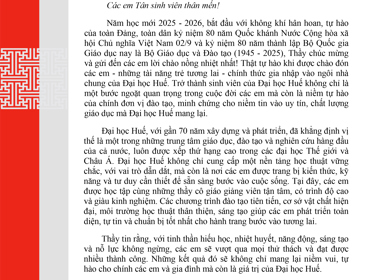 THƯ CỦA GIÁM ĐỐC ĐẠI HỌC HUẾ GỬI TÂN SINH VIÊN NHÂN DỊP NĂM HỌC MỚI 2025 - 2026 